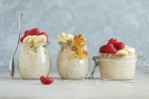 Three healthy breakfast ideas including yogurt parfaits and overnight oats.