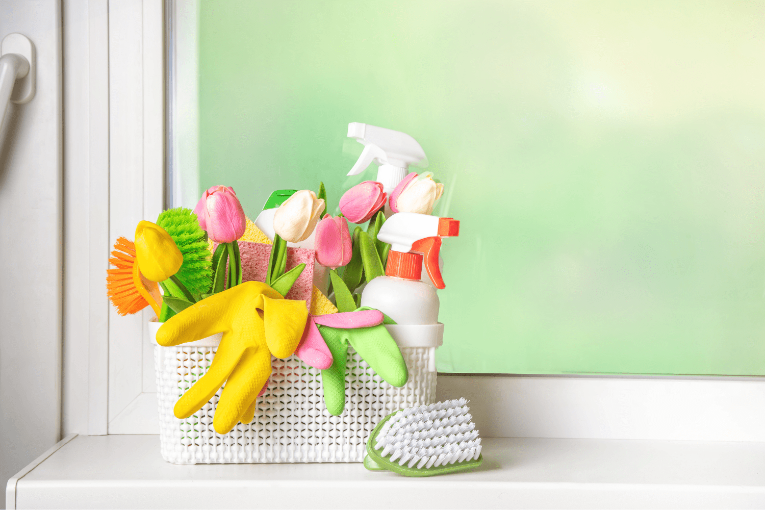 Cleaning supplies and tulips symbolizing spring cleaning and a fresh start.