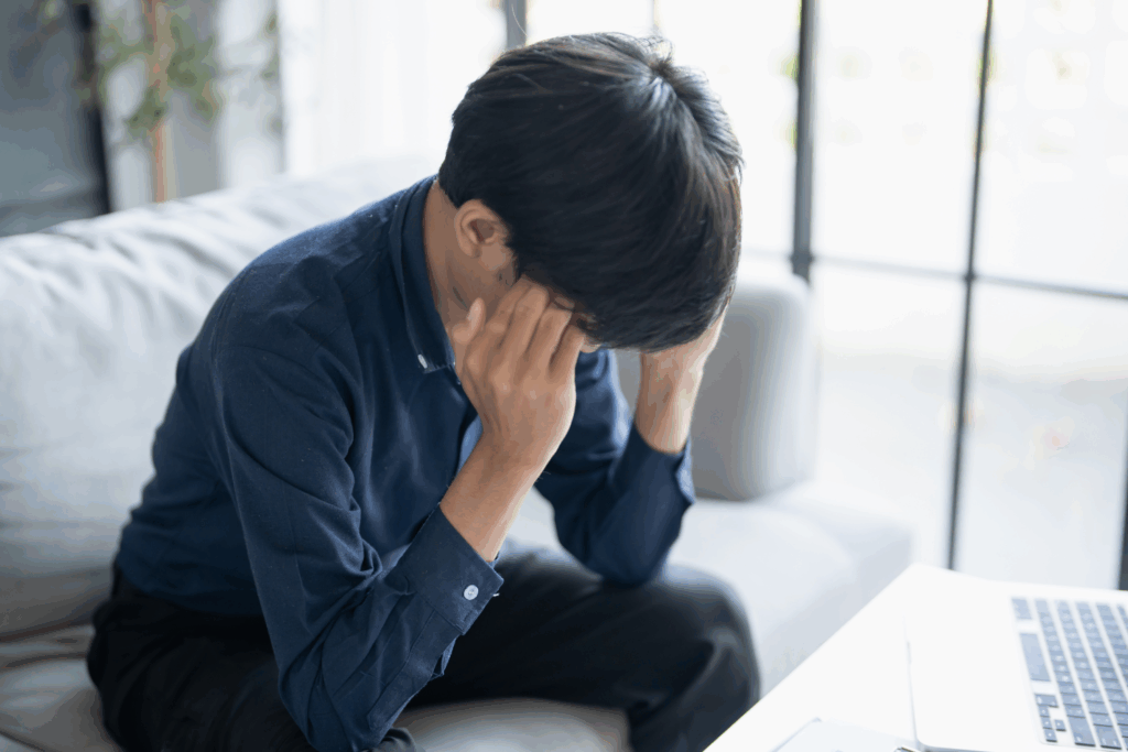 A man sitting on a couch holding his head in his hands, appearing stressed or worried, with a laptop in front of him, representing the stress impact on appetite