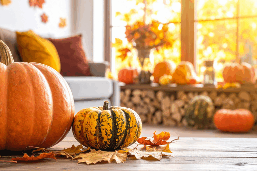 Cozy autumn living room decorated with pumpkins and fall leaves, featuring a large orange pumpkin and a smaller striped gourd on a wooden floor near a sofa and sunlit window, evoking the warmth of cozy fall recipes.